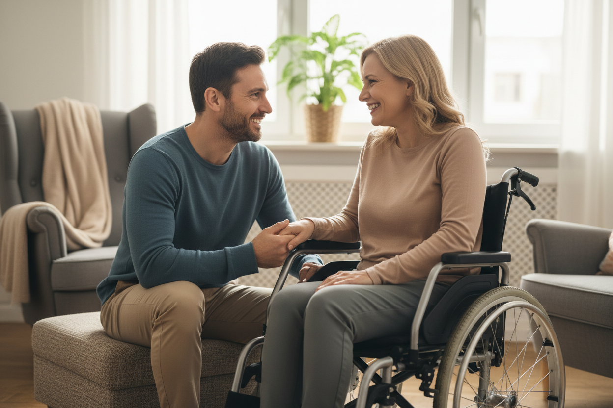 Frau im Rollstuhl mit ihrem ehemann